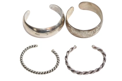 4 Silver Cuff Bracelets Including Marked Sterling and S Kirk & Son Sterling