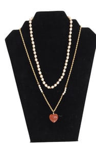 Signed Miriam Haskell Pearl Style Necklace + Signed Miriam Haskell Chain with Heart Pendant