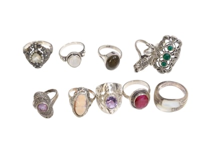 10 Fashion Rings Including Cameo, Marcasite, Sterling, Etc - Sizes 5-9