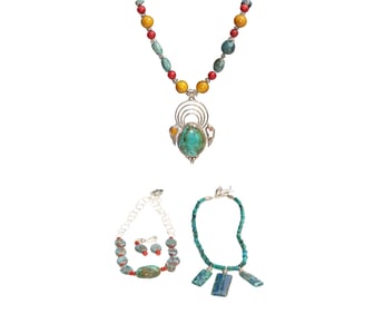 Three Beaded and Natural Stone Necklaces Including a Chrysocolla Pendant