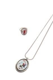 Mother of Pearl (MOP) Inlay Hummingbird Pendant Necklace + MOP Inlay Cardinal Ring