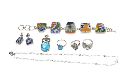 Porcelain China Bits Bracelet with Matching Earrings + Blue Stone Fashion Rings and Necklace