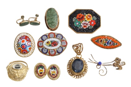 Brooches (Some Gold Filled) Including Italian Micromosaic + Earrings and Pendant
