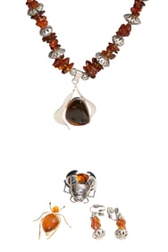 Unique Amber Pendant Necklace, Earrings and Pair of Amber Insect Brooches/ Pins