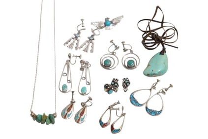Native American Style Earrings, Necklaces and Brooch with Turquoise and Coral Stones