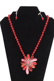Gorgeous Sterling Silver Flower Burst Pendant on Cherry Drop Beaded Necklace + Matching Earrings