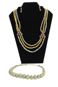 Green Turquoise Beaded Choker + 3 Strand Polished Stone Beaded Necklace & Earrings
