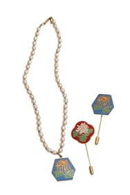 RARE Vintage Signed Miriam Haskell Cloisonne Enamel Flower Stick Pins and Pendant Necklace