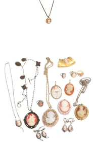 Cameo Pendants, Brooches, Earrings and Necklaces Including Sterling, Corday, Gold Filled, Etc