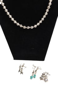 Silver Beaded Necklace + Sterling Silver Screwback Earrings Including Navajo Squash Blossom