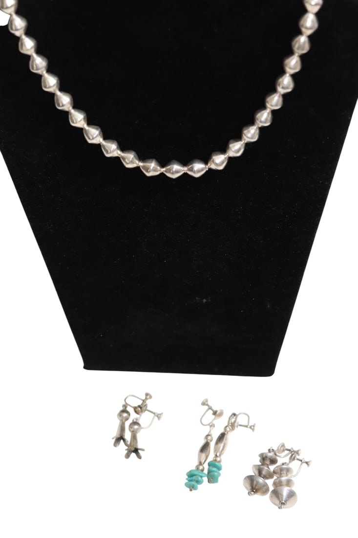 Silver Beaded Necklace + Sterling Silver Screwback Earrings Including Navajo Squash Blossom: Silver Beaded Necklace + 3 Pairs of Sterling Silver Screwback Earrings Including Navajo Squash Blossom