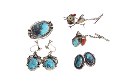 Native American Pieces Including Zuni Roadrunner Tie Tack, Turquoise Brooch, Sterling Earrings, Etc