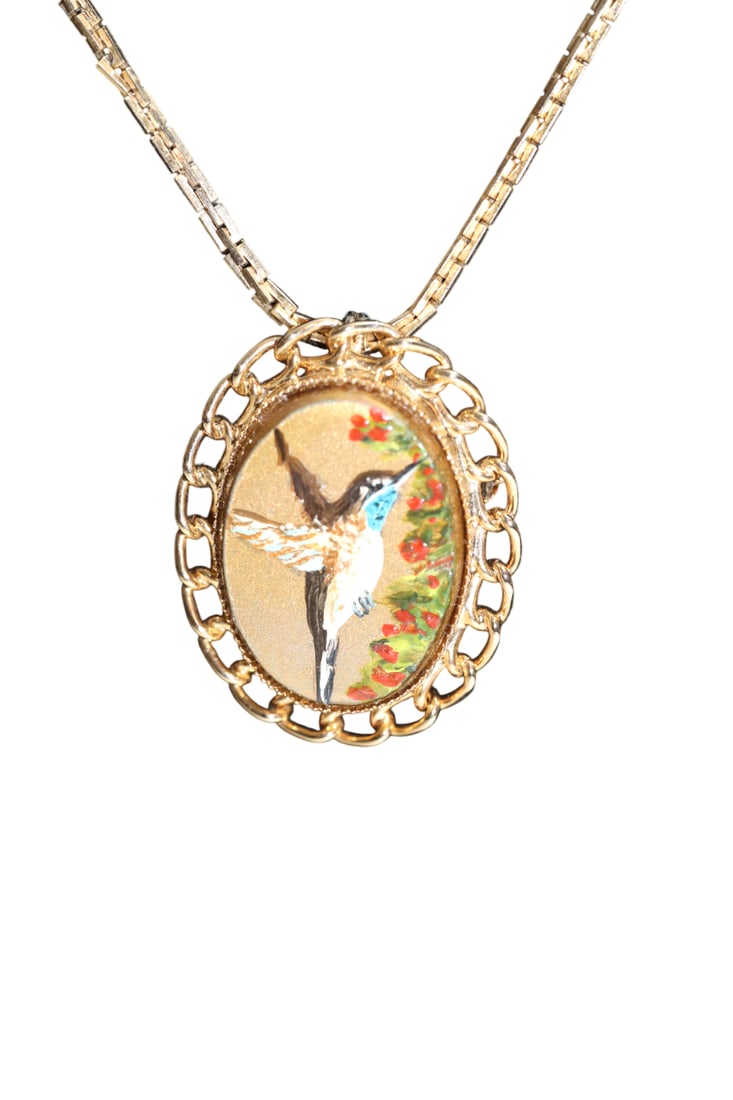 Signed Jane Blunk 83' Hand Painted Hummingbird Pendant on Chain: Signed Jane Blunk 83' Hand Painted Hummingbird Pendant on Chain