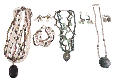 3 Stone Bead & Pearl Necklaces with Sterling Clasps, Plus Bracelet & Earrings