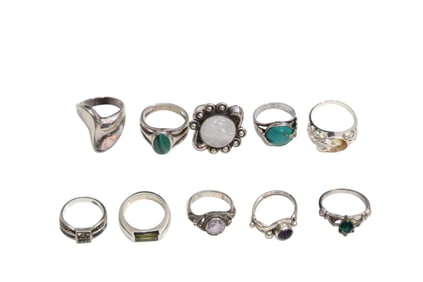 10 Mostly Sterling Silver Fashion Rings Sizes 4.5 - 9