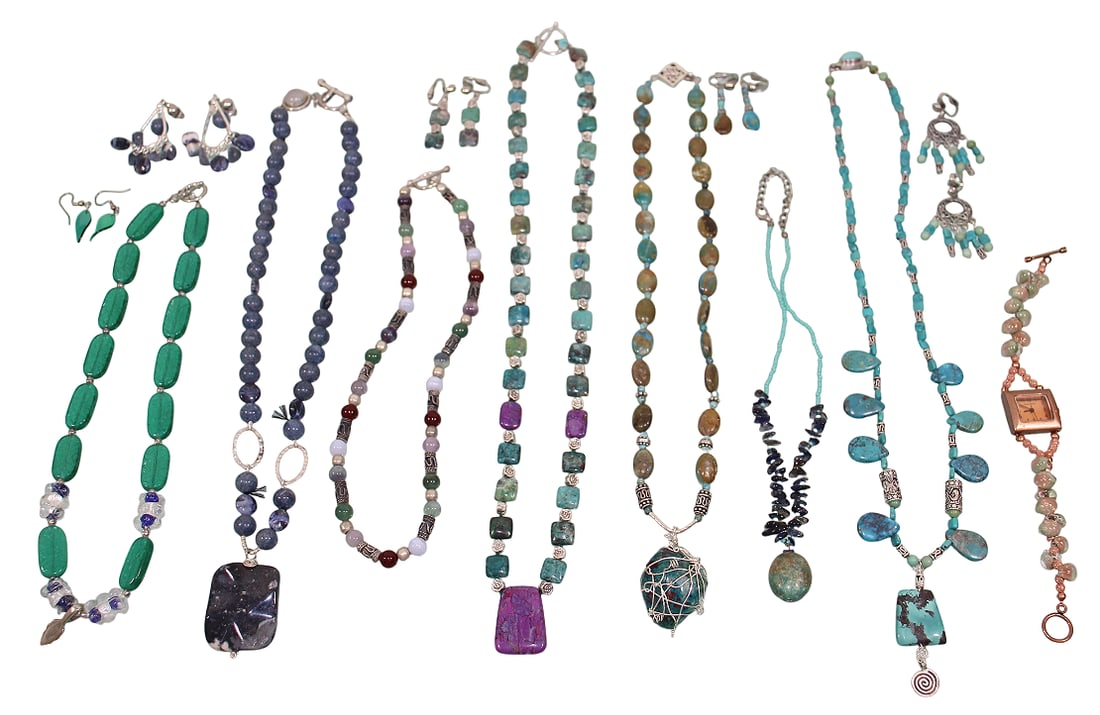 7 Necklaces with Earrings, Plus Women's Watch: Longest is 25". Some with Sterling clasps.