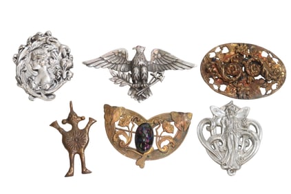Unique Brooches/ Pins Including Art Nouveau Lady -- 2 Signed CONH and DRUMM