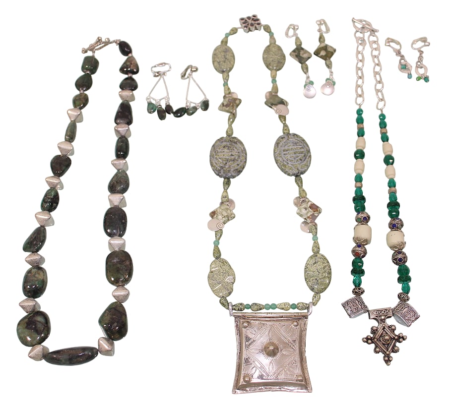 Tribal Style Necklaces with Silver Pendants, Plus Stone Bead Necklace: 21" long.