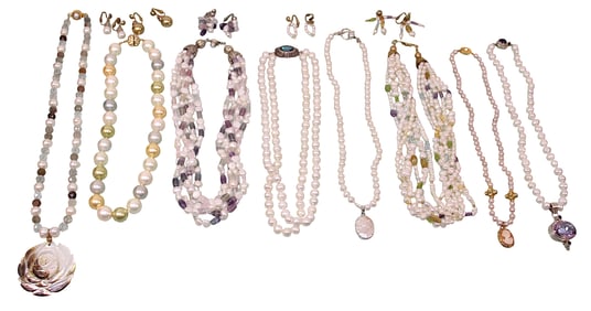 8 Pearl Necklaces, Some with Pendants & Sterling Silver Clasps