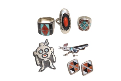Native American Turquoise and Coral Jewelry Including Hopi Mudhead Kachina Brooch and Roadrunner