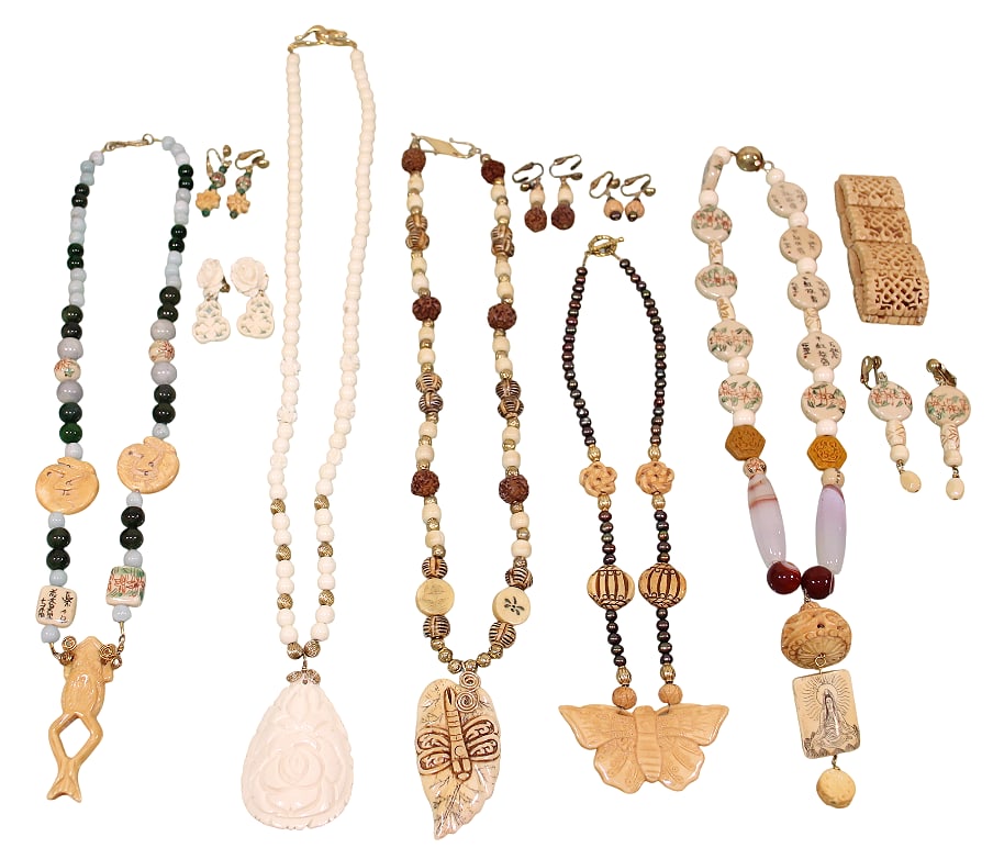 Asian Style Necklaces with Carved Pendants, Plus Bracelet & Earrings (1 of 20)