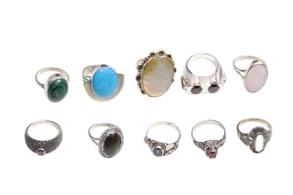 10 Fashion Rings Sizes 5-10 Including Some Sterling Silver