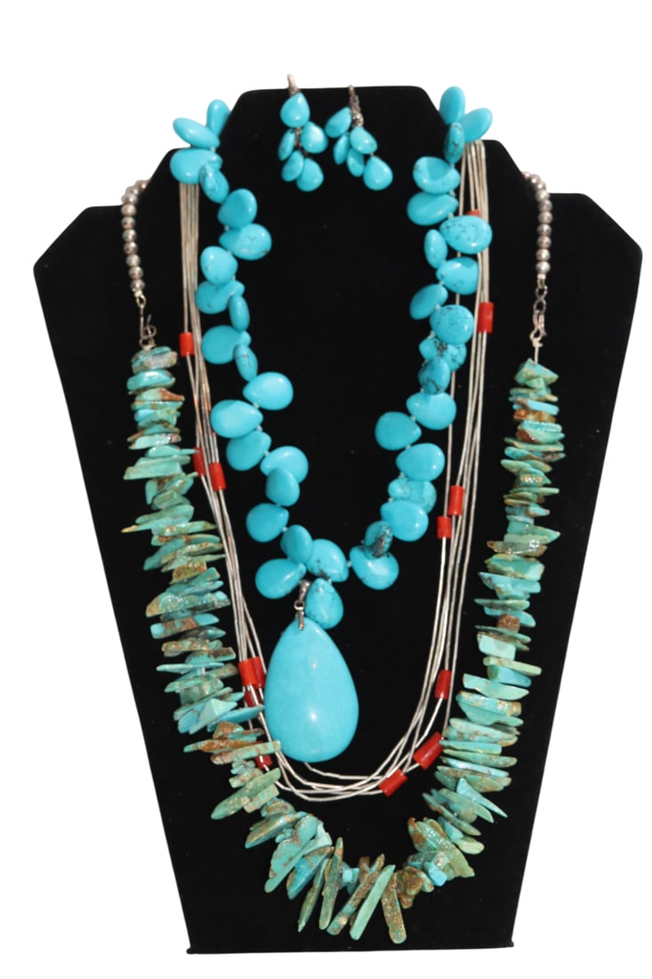 Turquoise Necklaces and Matching Pair of Earrings + Coral Drop Strand Necklace: Turquoise Necklaces and Matching Pair of Earrings + Coral Drop Strand Necklace