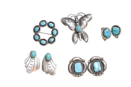 Turquoise and Silver Earrings and Brooches/ Pins