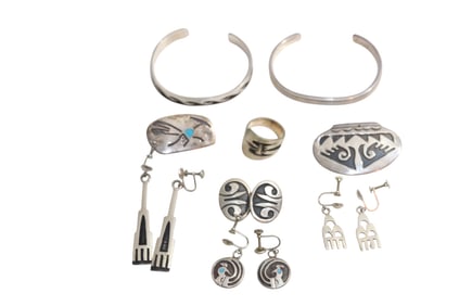 Pair of Cuff Bracelets + Earrings, Ring, Brooches/ Pins Including Sterling Silver