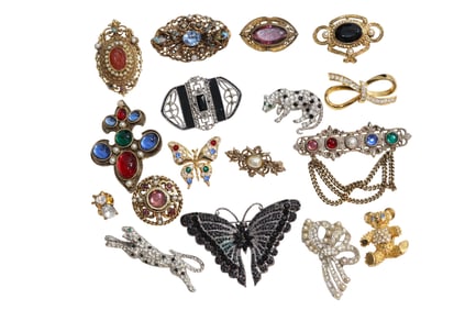 Novelty Brooches/ Pins Including Rhinestones, Marcasite, Etc