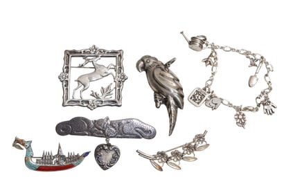 Mostly Sterling Silver Brooches Including Lang and Beau + Gardening Theme Charm Bracelet
