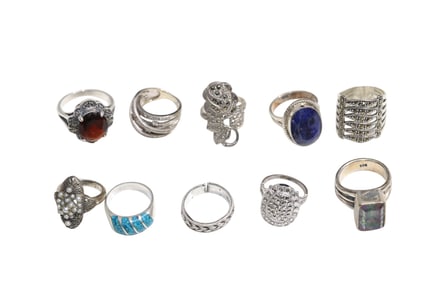 10 Fashion Rings Including Sterling Silver and Marcasite Sizes 4-8