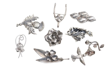 Flower Themed Sterling Silver Brooches/ Pins Including Forstner, Napier, Danecraft, Etc
