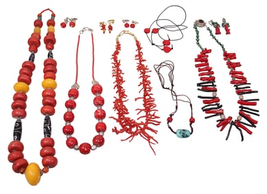 Coral & Carved Cinnabar Necklaces & Earrings
