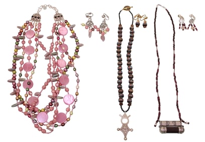 Pair of Tribal Style Necklaces, Plus Colorful Pearl & Bead Necklace