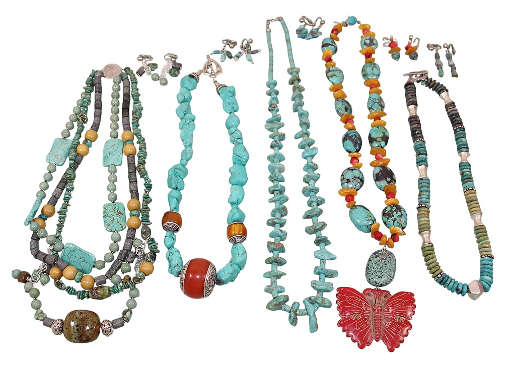 5 Turqoise & Other Stone Necklaces with Matching Earrings: Some with Sterling clasps.