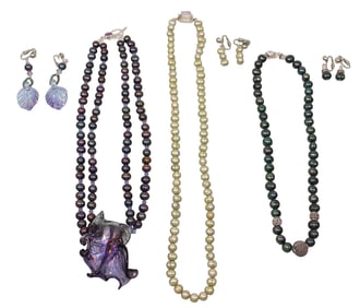 3 Pearl Necklaces with Sterling Clasps & Matching Earrings
