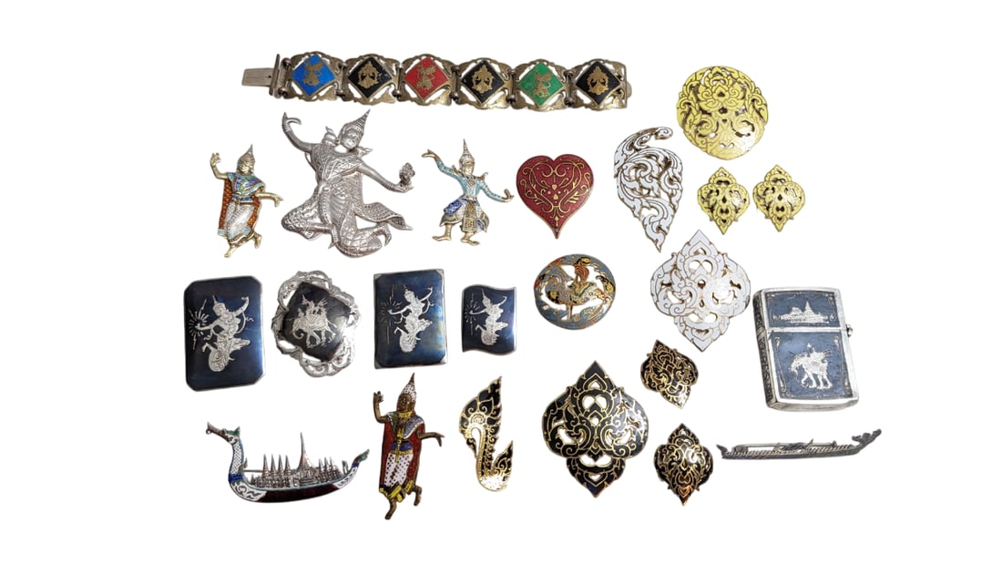 Siam Jewelry Including Bracelet, Brooches/ Pins, Earrings + Lighter Including Sterling, MMA, Etc: Siam Jewelry Including Bracelet, Brooches/ Pins, Earrings + Lighter Including Sterling, MMA, Etc