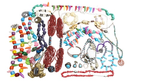 Polished Stone Beaded Necklaces + Silver and Turquoise Cuff Bracelet, Ring and Earrings