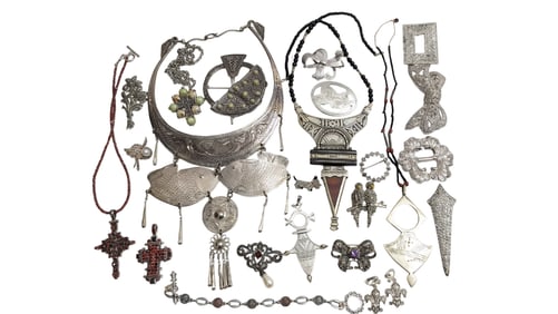 Silver Jewelry Including Thai Tribal Bib Necklace, Tuareg Agate Pendant Necklace, Rhinestones, Etc