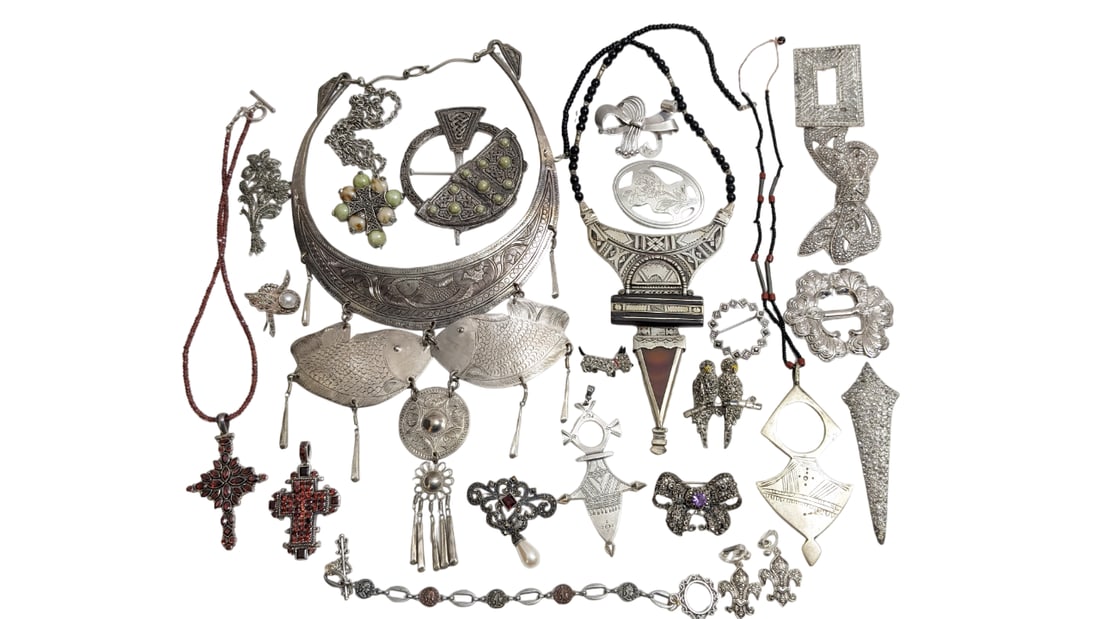 Silver Jewelry Including Thai Tribal Bib Necklace, Tuareg Agate Pendant Necklace, Rhinestones, Etc (1 of 20)