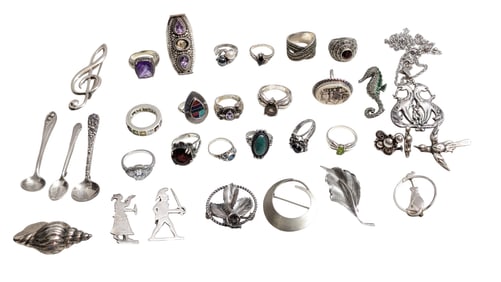 Sterling Silver Fashion Rings, Brooches/ Pins, Necklace + 3 Sterling Spoons