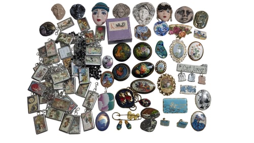 Brooches/ Pins Including Russian, Porcelain, Hand Painted, Etc + Numerous Vintage Postcard Pendants
