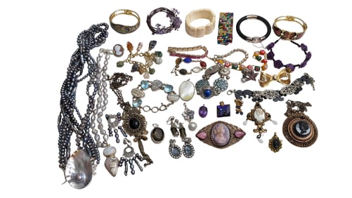 Mix of Sterling, Cameos, Pearls and More -- Bracelets, Brooches, Pins, Earrings, Etc
