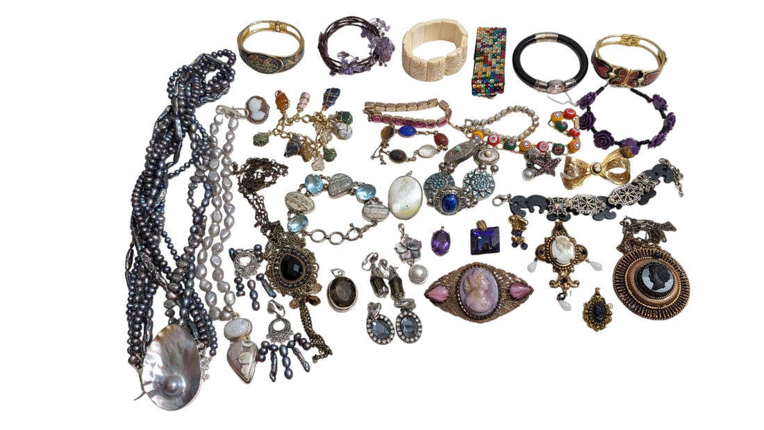 Mix of Sterling, Cameos, Pearls and More -- Bracelets, Brooches, Pins, Earrings, Etc: Mix of Sterling, Cameos, Pearls and More -- Bracelets, Brooches, Pins, Earrings, Etc