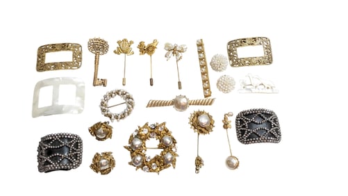 Signed Miriam Haskell Pieces + Shoe Clips and Other Brooches/ Stick Pins