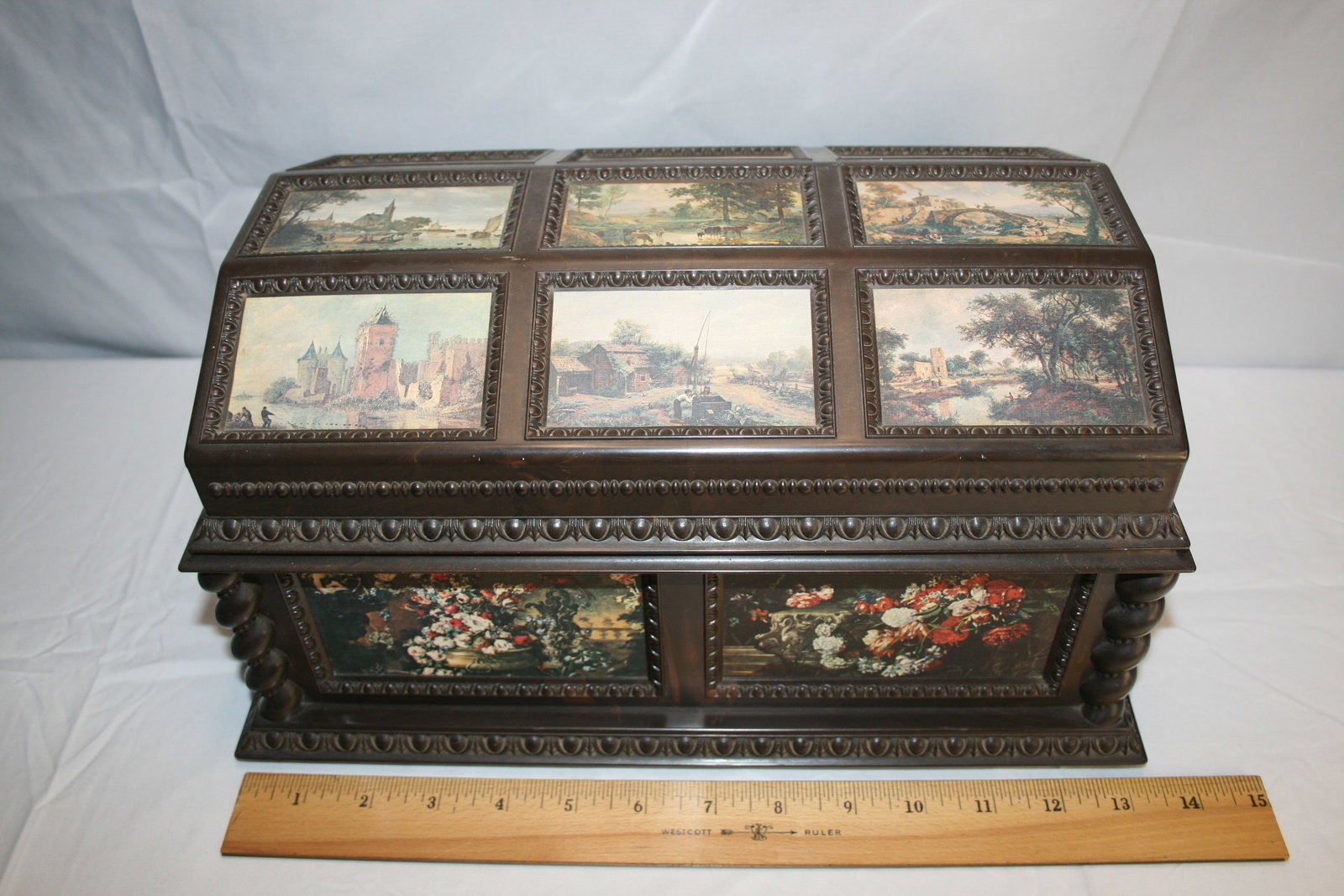 Vintage 1976 Merle Norman music box: Needs repair, but plays music if you pull the pin on the right when lid is open.