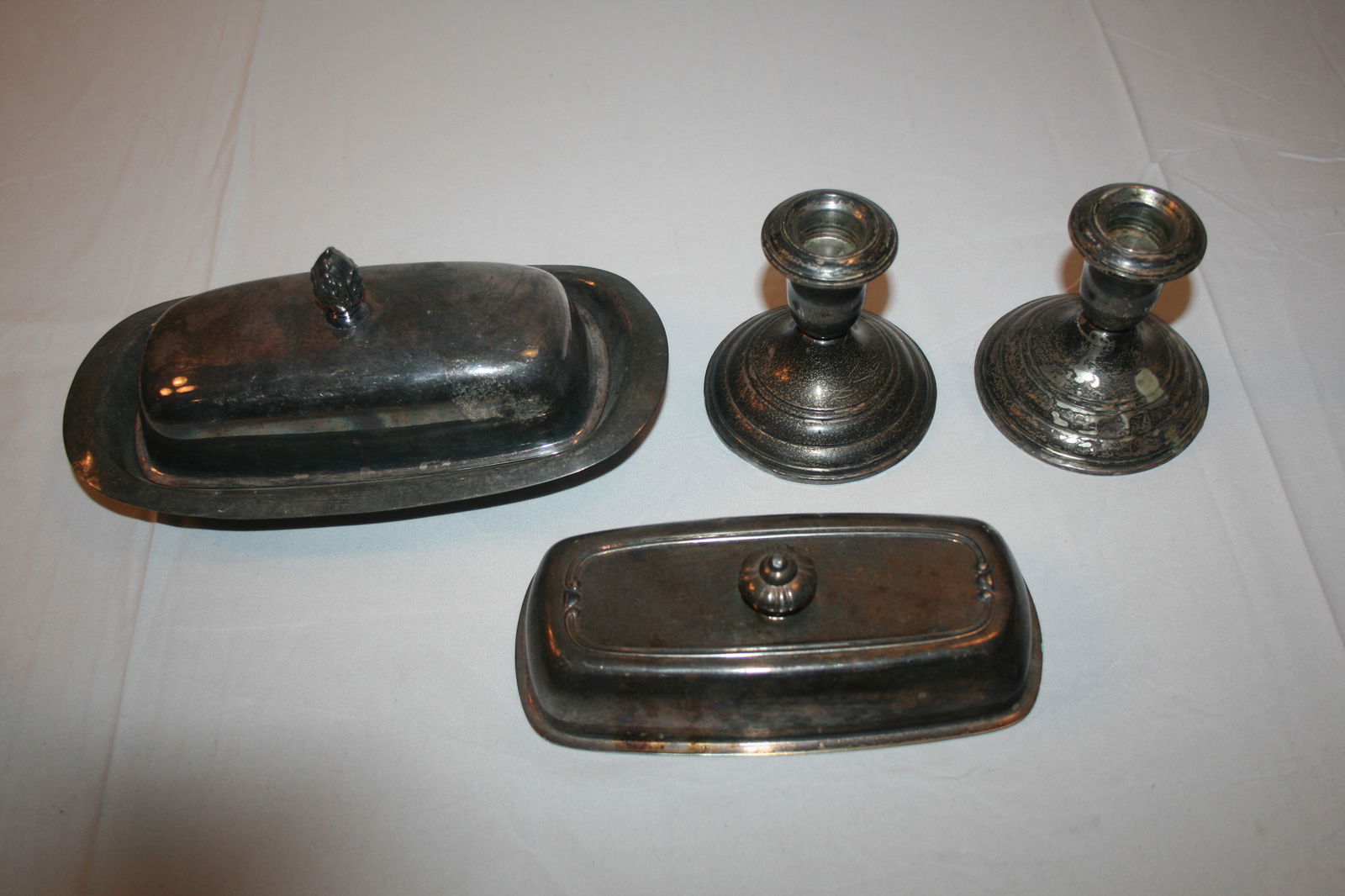 Reed and Barton Weighted and Reinforced Sterling Candlestick Pair and Silverplate Butter dish/ lid (1 of 7)