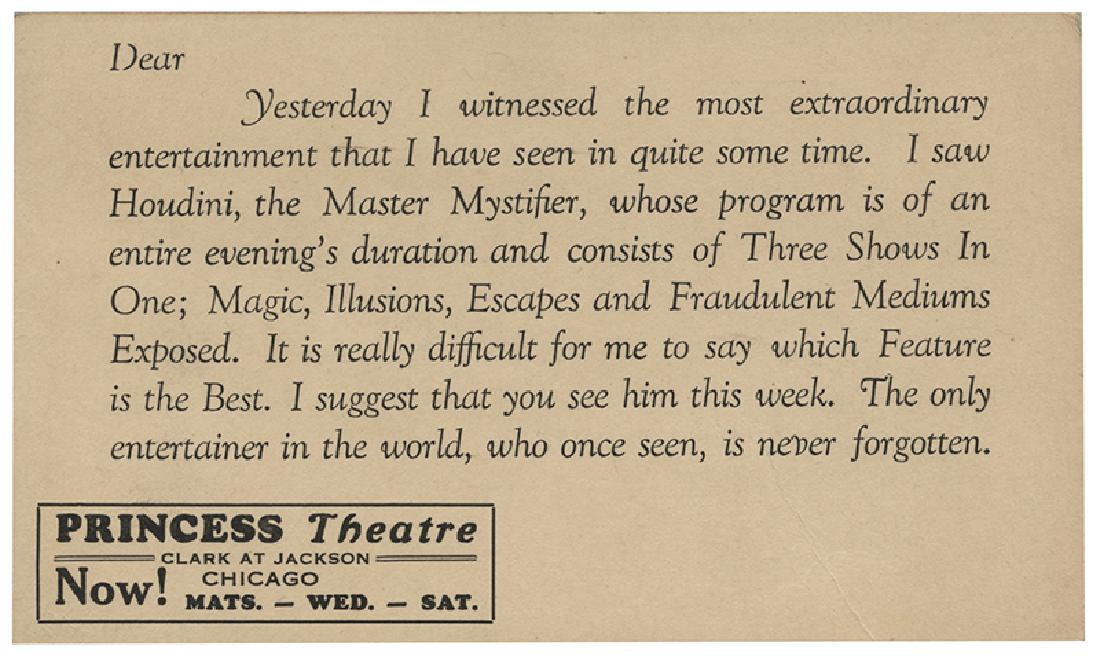 Houdini "Master Mystifier" Laudatory Postcard. (1 of 1)