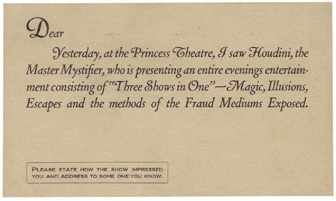 Houdini "Master Mystifier Laudatory Postcard. (1 of 1)